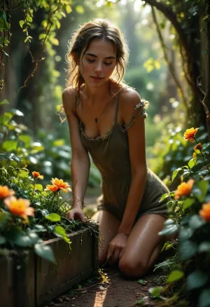 A 22-year-old, very slender young woman working in an overgrown, mystical garden. The scene is filled with dense, wild vegetation, twisted ancient vines, glowing moss patches, oversized leaves shimmering with dew, and crooked stone arches partially swallowed by roots. Soft magical light filters through drifting pollen particles, giving the garden a dreamy, enchanted atmosphere. She is kneeling beside an old wooden crate of gardening tools, trying to untangle a long vine that has wrapped itself around the handle of a small rake. In a humorous, unexpected moment, the vine suddenly curls around her wrist, making her lose balance and fall gently onto a bed of soft glowing flowers. Her surprised expression, the playful movement of the vine, and the whimsical chaos of the garden create a charming, lighthearted scene.Highly detailed botanical textures, soft fantasy lighting, warm earthy colors, a sense of motion, natural realism mixed with magical elements, cinematic composition, ultra-detailed environment, thigh gap, cute skinny butt, (maximum detail), (super realistic photo:1.4), (maximum photo quality:1.4), (maximum resolution:1.5), <lora:MJ52:.6>, <lora:Super_Eye_Detailer_By_Stable_Yogi_SDPD0:.3>, <lora:BUT_SDXL_SHS:.3>, <lora:Sweaty_Realism_4-000006:.8>, <lora:Italian_girl:.8>