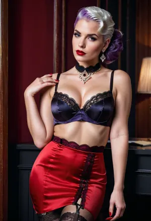 black silk blouse with a low neckline and a subtle sheen to it the fabric is so fine, wearing a delicate and intricate red lace bra, knee length flowing red silk skirt with a subtle slit up the side, wearing a pair of black lace stockings, with a garter belt, i have on a pair of black, high heels, that will make me tower over you, and make you feel submissive red lipstick, choker, large breasts, noir, office, british, ponytail, diamond earrings, white and purple hair