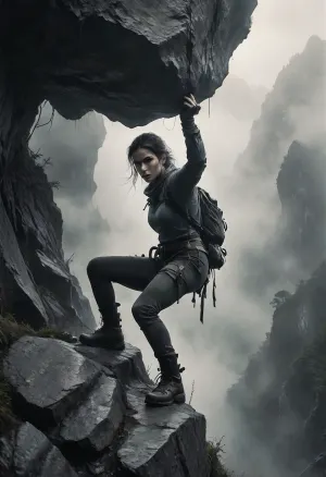 A confident young woman, dressed in form-fitting climbing gear, freeclimbing an overhanging rock face in a dramatic mountain landscape. The scene is shrouded in mist, highlighting the tension and the dynamic posture. The atmosphere is both intense and beautiful, capturing the essence of the climb, 8k high-end portrait photography, dynamic motion, tension, and teasing intimacy, hvrn, heavy, rain, Black, and, white, art, black, shading, charcoal, toned, brutal, dark, b/w, color, scheme, haze, misty, lagoon, mist, dusk, <lora:Heavy_Rain_XL-000008:.6>, <lora:add-detail-xl:.5>, <lora:Black and white art.V1:.5>, <lora:EnvyHazeSliderXL01:2>, <lora:BIXL_Beautiful_Nature_Twilight_001:1.1>