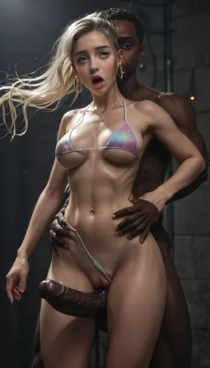 8k, uhd, photorealistic, (ethereal fantasy scene:1.4), (a woman is helpless and limp by the sensation of a huge cock inside her, she is bewildered and dazed:1.2), stunned, (ahegao), (dark room:1.4), (interracial), 1man, strong man, gym, huge cock, 22yo, (micro waist:1.3), voluptuous, medium breasts, (light platinum blonde), high ponytail, tan, (blushing:1.2), ((cock visible)), (cock pushing on her body:1.2), (glistening skin:1.3), (string bikini bottom), shiny, (bikini top), (romantic embrace), (grabbing ass, grabbing man), (small muscular bubble butt:1), large breasts visible, (eyes rolling back:1.2), (gasping:1.2), (cock in pussy:1.5), close angle view, <lora:BUT_SDXL_SHS:1>, <lora:Vivid Midjourney mimic - XL SDXL v2.0:.7>