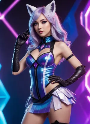 Ahri from League of Legends, (K/DA ALL OUT skin), . She has long, straight pink hair and large pink fox ears. She has distinctive blue eyeliner or makeup stripes under her eyes and a confident expression. She is wearing a futuristic, pop-star inspired mini-dress. The dress features a shimmering, metallic blue-to-purple gradient bodice, a high collar, and a dramatic, layered right sleeve covered in crystallized, spiky, purple geometric shapes. The skirt is short and asymmetrical, white/light blue on one side and dark blue/purple on the other, with a silver chain draped across the front. She is wearing black fingerless gloves, a wrist cuff with black studs, and black garters on her right thigh. She is posing with one hand on her hip. The background is bright and glittering, featuring large, sharp, crystalline geometric shapes in shades of light blue, white, and purple, creating a dynamic, prismatic effect. High-quality digital art, fantasy pop/idol theme, vibrant cool-toned lighting.