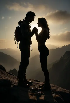Photorealistic scene. A kneeling man with dark hair, wearing climbing gear, (he kneels on a mountain peak at sunrise:1.2), (holding an diamond wedding ring glittering in the sun:1.2), his standing blonde girlfriend, also in climbing gear, (stands beside him with her arms raised in pure joy and excitement. She looks ecstatic and thrilled:1.3), The background features a breathtaking panoramic view with mountains and valleys below, and a gentle morning fog in the valley. The atmosphere is romantic, adventurous, and full of joy, the atmosphere is adventurous, self-assured, and beautifully balanced, dynamic motion, tension, and teasing intimacy, haze, misty, lagoon, mist, dusk, cloudy, smoke, atmospheric, clouds, fog, <lora:EnvyHazeSliderXL01:1.3>, <lora:BIXL_Beautiful_Nature_Twilight_001:1.1>, <lora:Cloudy_Style:.8>, <lora:MJ52:1>, <lora:dark:.5>