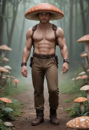 Mushroom man, fly agaric man, mutant a mixture of fly agaric and man, a race of mushroom mutants, fly agaric with a human face, with arms and legs, militant mushroom, muscular mushroom, fantasy