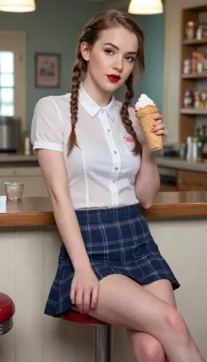 Detailed colour drawing of a petite 21 year old coquette. Auburn hair in braids. Pouting lips with red lipstick. Wears a plain white short-sleeved shirt and a dark blue plaid skirt. Slender coltish legs. Red Converse All Star sneakers. Her hair and clothes are soaking wet and cling to her body. She sits on a stool by the counter of an old fashioned malt shop. She leans down to drink an ice cream soda with whipped cream and a cherry on top through a straw from a tall sundae glass on the counter