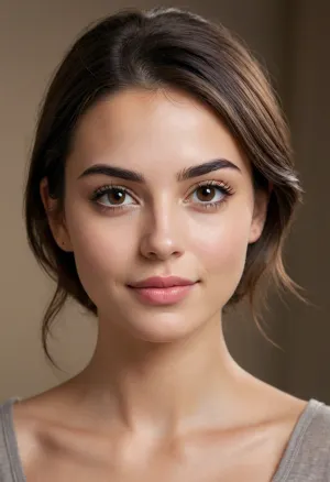 Hyper–realistic portrait of a young woman with a softly rounded oval face, (1.6), fuller A hyper-realistic portrait of a young woman with a softly rounded oval face, (1.7), fuller cheeks, (1.45), and a short, gently rounded chin, (1.5), . Large, wide almond-shaped dark-brown eyes, (1.8), with slightly upturned outer corners, thick dark upper lashes, (1.35), and a clearly visible upper eyelid crease, . Very thick, dark, straight eyebrows, (1.85), placed close to the eyes, with almost no arch, (1.55), . Naturally tan olive skin tone, (1.65), with warm undertones and realistic micro-texture, (1.4), . Small, soft nose with a gentle slope and a rounded tip, . Medium-full lips, forming a warm, genuine, tooth-showing smile, with subtle upward-curving corners, . Straight dark-brown hair, parted slightly off-center, and tucked neatly behind both ears, . Soft indoor lighting, (1.2), shallow depth of field, 85mm portrait feel, RAW photo quality, <lora:FF-Style-Mid-HOT-Week3.LORA:.8>