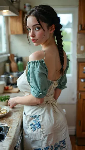 (Photo taken from high angle and from side), oil portrait of a girl with massive breasts, (in undersize apron), sideboob, backless apron, ((perfect ass)), in kitchen, back focus, bending over, looking back at viewer, full body, massive lips, black hair, braided hair, ribbon hair, stepmom, cooking, kitchen passage, realistic, pale skin, detailed skin, slight smile, cinematic, great shading, moody lighting, cloudy weather, (by Hope Gangloff:1), but, braless, Wearing, clothes, that, make, sense, with, Braless>, <lora:MJ52:2>, <lora:add-detail-xl:2>, <lora:BUT_SDXL_SHS:.3>, <lora:bralessSDXL_v1_00022:1.2>