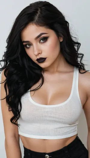 22 years old mexican-american woman, sensual pose, black hair, charming, seducing, square face, round breasts, white and pale skin, emo girl, black lips, black tank top, no panties, full body shot, black eyeshadows, medium booty, round ass, long wavy hair, middle body view, white background, thin, marvellous body, narrow waist, highest quality, detailed skin texture, masterpiece, 4K