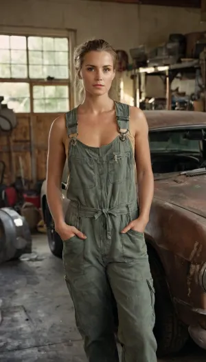 beautiful female mechanic, mid 20s to early 30s, natural realistic features, slight grease smudges on face and hands, wearing worn mechanic coveralls tied at the waist with a fitted tank or T-shirt underneath, rolled-up sleeves, holding a wrench or leaning against an open car hood, messy or tied-back hair, dusty workshop lighting, industrial garage environment with tools, shelves, and parts around, warm natural light from open garage door, realistic skin texture, visible pores, subtle sweat sheen, depth of field, ultra-realistic photography, 8k detail, cinematic look, gritty yet warm atmosphere, RAW photo style, soft film grain