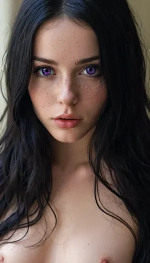 (20 years old woman), long black hair, ((visible perfect boobs)), gothique look, small breasts, (long legs), perfect face, perfect tits, purple eyes, cute, petite body, slim, fit, (perfect visible pussy), perfect eyes, beautiful face, fluxenh4nce, freckles, <lora:MJ52:.3>, <lora:FLUXEnh4nce:.8>, <lora:SdXL_better freckles_epoch_16:.8>