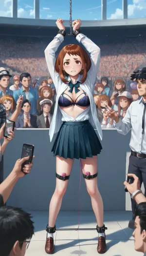 Standing, audience, sex machine, dildo vibrator, Ochako Uraraka, white collared shirt, pleated skirt, open shirt, pinky bra, x-cross bondage, spreader bar, spread arms, outdoor, (Comfyui with controlnet), arms up, a look of annoyed