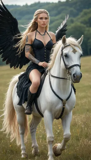 fantasy setting, beautiful woman, tall, slim and curvy body, sexy, tattoos on her legs, long blonde hair gathered in braids, dressed in Nordic black style, showy necklace, riding a white pegasus in a meadow, hksky, <lora:RulersOfTheSkyXL:1.2>