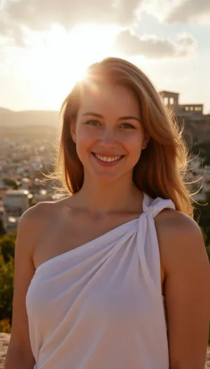 Sunset light, in Athena, Parthenon in background, greek woman, wearing a Greek tunic, perfect composition, light smile, panoramic view