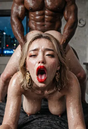 interracial, (pounding:1.7), (sweaty:1.3), (pale skin:1.5), (asian:1.4), (huge wild brute:1.2), dark coridor, window, night, blonde hair, tall, beautiful 4k chubby russian, perfect face details, jewelry, bent forward, tall african man, muscular black man, standing, black man fucking doggystyle, massive cock fucking, rough sex, screaming, midnight illuminate, models face and body, creating dramatic chiaroscuro effects, sexual intercourse with black thug, red lipstick, fat lips, (moaning shy:1.5), looking at lover, dirty corridor sex, aggressive, sweaty woman, woman struggling, blowjob, doggystyle, visible pusy, cock not in pussy, hidden camera view from behind