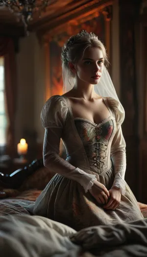 Begin with a vivid scene of the queen, around fifty years old, slender, flat-chested, and radiating an elegant, mature beauty. She is lying gracefully upon her grand, ornate canopy bed, wrapped in an exquisite, luxurious nightgown made from fine medieval fabrics. The folds of the garment catch the warm light as she reclines comfortably against embroidered pillows, completely absorbed in the book she is reading. Her posture conveys both nobility and serenity, as though the quiet of the evening belongs entirely to her, (gets lesbian oral sex from her 20 years old obedient maid:1.8), (hidden maid kneels under her dress:1.5), The royal bedroom around her should appear magnificently detailed and authentically medieval. Massive stone walls, softly polished and smooth from age, form the heart of the chamber. They are adorned with richly woven tapestries depicting scenes of myth, royalty, and heraldry, adding warmth, color, and a sense of prestige to the otherwise cold stone surface. These hangings quietly sway in the subtle draft created by the room’s great stone fireplace, (high resolution:1.5), 8k, perfect tealistic photo, neon_style, saturated, colors, High detail, excellent image quality, DonMSp3ctr4lXL, mad-2cbrrm, mad-1cbrrm, <lora:BUT_SDXL_SHS:.4>, <lora:MJ52:.8>, <lora:DonMSp3ctr4lXL-000008:.3>, <lora:Neon_Cyberpunk_Cyberarm_SDXL:.2>