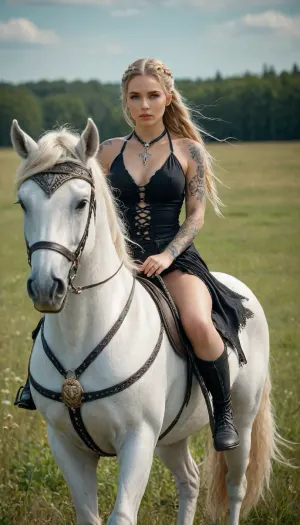 fantasy setting, beautiful woman, tall, slim and curvy body, sexy, tattoos on her legs, long blonde hair gathered in braids, dressed in Nordic black style, showy necklace, riding a white pegasus in a meadow, hksky, <lora:RulersOfTheSkyXL:1.2>