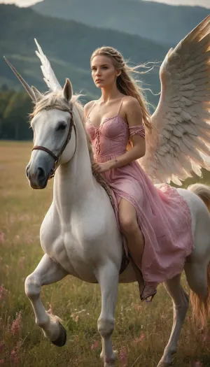 fantasy setting, beautiful woman, tall, slim and sinuous body, sexy, tattoos on her legs, long blond hair gathered in braids, dressed in a long pink dress, riding a white Pegasus in a meadow, hksky, <lora:RulersOfTheSkyXL:.8>