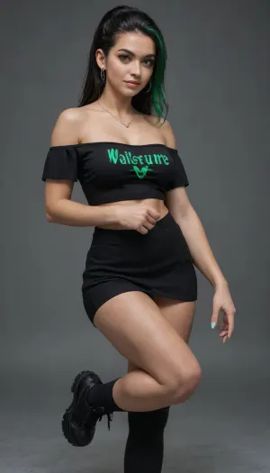 A digital photograph of a very busty 18-year-old nemona from Pokémon with fair skin and black hair with green streaks behind her ears, dressed in a modern gothic outfit featuring a voluptuos neckline, short skirt, off-shoulder top, and decorative chains. She strikes a seductive, playful pose, slightly lifting one leg while smiling naturally. Her makeup includes dark eyeliner and subtle lipstick, maintaining an elegant gothic tone. The background shows a minimalist indoor setting, softly illuminated, emphasizing her stylish and expressive look.