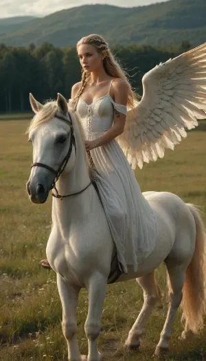 fantasy setting, beautiful woman, tall, slim and sinuous body, sexy, tattoos on her legs, long blond hair gathered in braids, dressed in a long white dress, rides a white winged horse in a meadow, hksky, <lora:RulersOfTheSkyXL:.8>