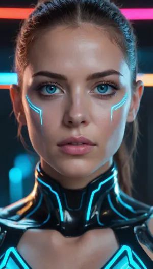 Babe, tron, close up, cyborg, augmented, neon colored eyes, focused, 8k ultra details, shiny skin
