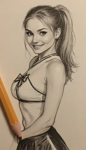 score_9, score_8_up, score_7_up, ((A detailed pencil drawing with clean lines and meticulous shading, sketch of a beautiful cheerleader)), slender body, cheerleading uniform, hair in ponytail, large natural breasts, 20 years old, smiling, supermodel face, big lips, long eyelashes, handslora, soft features, ((drawing have delicate shading and intricate details, capturing the essence of the subject with fine pencil strokes)), ((background is simple, allowing the focus to remain on the portrait itself)), drawing by NTY, v0ng44g, sk3tch, .8>, ratatatat74, <lora:sketch_it:1.3>, <lora:ratatatat74-000050:.8>