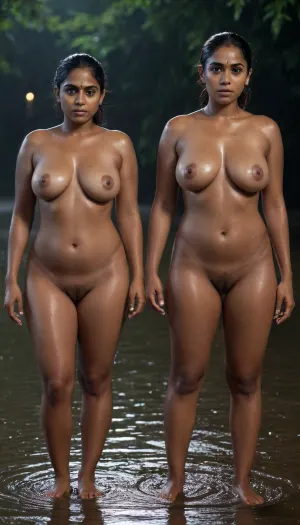 full body, big nipples, huge round boobs, busty, thick, seductive, indian, black skin, wet in pond, rain, dark, night, turning back, nude, highly detailed, side view, thick eyebrows, two nude women, athletic body, vagina.