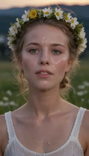 portrait of a young woman, swedish, flatchested, wearing a summerdress, flower wreath in hair, during white night, midsommar, (cum on face, thick white cum:1.2), . woman, cum, on, face, <lora:JustCum:1.8>