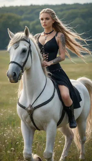 fantasy setting, beautiful woman, tall, slim and curvy body, sexy, tattoos on her legs, long blonde hair gathered in braids, dressed in Nordic black style, showy necklace, riding a white pegasus in a meadow, hksky, <lora:RulersOfTheSkyXL:1.7>
