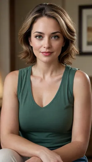 "Photorealistic, ultra high-resolution full-body portrait of a mature woman in her mid-50s with a warm, confident presence. She has a naturally curvy figure, depicted respectfully and realistically. Her posture is relaxed and self-assured, standing with one leg slightly bent in a natural contrapposto stance. Her arms rest gently at her sides, fingers relaxed, conveying ease and emotional warmth.
Her face is expressive and detailed, with light olive skin showing realistic texture, faint forehead lines, crow’s feet around her eyes, and soft nasolabial folds. She has captivating green-hazel eyes with flecks of gold and blue, framed by long dark lashes and thick, naturally arched eyebrows. Her lips are full and softly curved, wearing muted plum lipstick with a satin finish. Her expression is gentle and inviting, with a subtle smile that reflects warmth and personality.
Her hair is shoulder-length, layered, and styled naturally with caramel-blonde highlights over a darker brunette base. It is parted slightly off-center, with strands tucked behind one ear revealing a small silver stud earring, while the rest cascades softly over her shoulder. The hair texture is realistic, with natural shine and movement.
She wears a white sleeveless t-shirt made of soft cotton blend fabric. The neckline is a modest scoop, showing her collarbones safely. Her high-waist blue jeans are form-fitting and tailored to her, draping naturally over her figure. The outfit is styled tastefully, emphasizing comfort, maturity, and body-positive realism.
Lighting is soft and cinematic, highlighting her facial features and contours without harsh contrast. The background is a softly lit living room with neutral tones, conveying intimacy and realism. The overall tone is respectful, body-positive, and emotionally authentic.
--camera settings, DSLR depth of field, 85mm lens equivalent, f/2.8 aperture, ISO 100, natural white balance--"