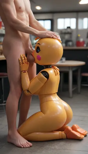 very detailed image, 4k image, (very detailed workshop), Toy Chica, Toy Chica from five nights at Freddy's 2, (Five nights at Freddy's game series), ((Animatronic)), ((Sexy animatronic)), (Toy Chica animatronic appearance), (Toy Chica face), (toy Chica animatronic body), (Toy Chica animatronic eyes), 18 years old, Beautiful athletic body, fit body, big thighs, big boobs, big ass, (toy Chica's Bib), nude from the bottom, Looking at viewer, (A background consist of Five nights at Freddy's 2 Pizzeria), ((Very detailed and accurate Pizzerria from Five nights at Freddy's 2)), Male viewer, (completely nude male viewer), Male viewer is standing, Penis, big penis, big balls, (erected penis), Toy Chica is on her knees, (kneeling down), (she is sitting on her knees), she is holding viewer's penis with her one hand, (Handjob), She is sucking viewer's penis, (blowjob), (deep throat), from up to down view, view from behind, (view from back so that her ass is visible in the frame)
