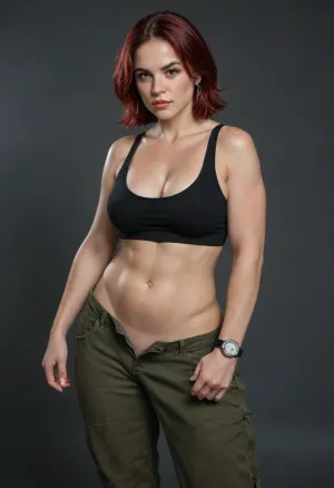 A strong large, red-haired chubby woman.The woman is wearing in a dirty multitran with traces of dirt and sperm, wet. The woman is wearing army pants dropped to the knees, rough boots, (brown eyes), .She has a very short haircut and wet straight hair, (burgundy-red hair color), hair wet with semen, (dirty streaks of dried sperm on her face), .She has a very freckled face and freckled body.Traces of violence on a woman's body.There is a only one tattoo, (picture of orca), on one of the woman's shoulders.She has wide lips, (Wide-lipped), . She is unkempt, dirty, and unattractive. She is very busty. The woman has very large, powerful, muscular shoulders and very strong, wide forearms. She is wearing a wristwatch with a round dial on one hand. She is large, healthy, strong, and powerful, (she has very strong, powerful, large shoulders and biceps), very powerful forearms.Very evil angry look at me.