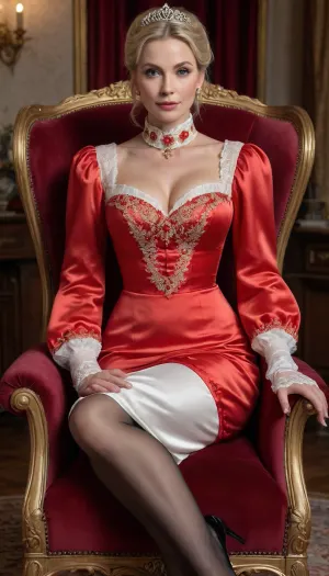 __SubjectDescriptionActionPoseBackgroundStyleDetails_, portrait, super clear, highly detailed watercolor, glaze technique, plus colored alcohol ink, style of V. Vasnetsov, Masterpiece, best quality, ultra HD, hyper-realistic, high res, ultra realistic 8k cg, woman sitting in chair, posing for porn, older elegant woman, 55 year-old blonde tall athletic woman wearing a long white satin dress, long sleeves, puff sleeves, wearing a red embroidered bodice over her dress, gold lace filigree covering entire outfit, wearing plain black stockings, plain shiny heels, hair is long blonde, hairstyle is Chignon Bun, woman wearing thick Diamond Collar choker, woman wearing Royal Diamond Tiara