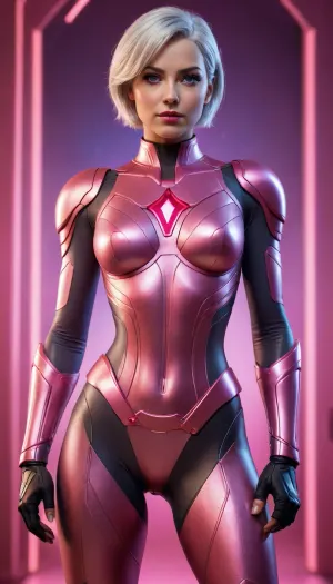 A stunning 3D-rendered female superhero in a full-body portrait. She stands confidently in a glowing pink atmosphere, with soft neon pink highlights illuminating her beautiful face and armor. She has expressive blue eyes, smooth realistic skin, short hair, grey hair, red lipstick, slim curvy hourglass body. Her futuristic superhero suit and stiletto boots features detailed textures in shades of pink and rose-gold. Background filled with dreamy pink light, sparkles, and soft energy waves