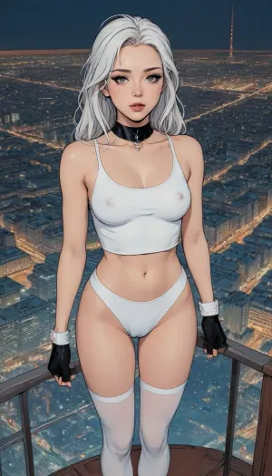 score_9, score_8_up, score_7_up, source_anime, (wide choker), (leather black micro skirt), (white crop top:1.5), black stockings with garters, standing, (makeup:1.5), (view from above:1.5), long white hair, (A detailed anime drawing with clean lines and meticulous shading, flat colors, line art, no gradients), realistic anatomy, night, moon, Moebius, detailed face, page, lineart, <lora:Moebius (Jean Giraud) Style:1>, <lora:outline_xl_kohaku_delta_spv5x:1.1>, <lora:lineartSDXL:.8>