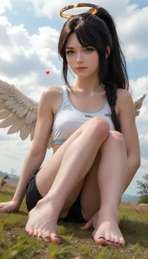 (vietnamese), (brown skin), (Astrid the angel girl sits barefoot and cross-legged in the grass), ((sitting cross legged)), under a bright blue sky., (worms eye view), Astrid, athletic build, tan skin, (almond-shaped brown eyes), sharp focused gaze, confident faint smile, (black hair), (high ponytail), with two face-framing strands, small feathered angel wings rainbow-iridescent halo with the spectrum running around the circumference. Outfit, Astrid wears a, (white sports bra), ((heart shaped design)), . Black bikeshorts., ((Black-painted toenails)), sitting in the clouds. Artstyle, high fidelity anime style rendered in a detailed digital painting — realistic anatomy and expressive faces, precise linework, layered color, and luminous painterly shading, attention to highlights and shadows. Composition, portrait-style full-body view, uncropped, (prominent feet), (perfect detailed toes), yours truly, Astrid Ivy, RealFeet, <lora:RealFeet:.8>