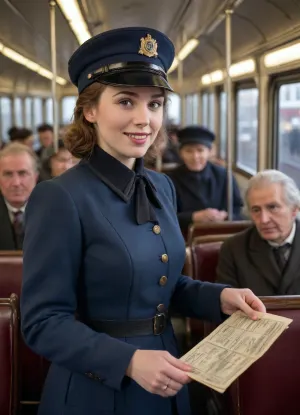 A female conductor on an old tram issues a ticket for the journey. The carriage is full of people, and a woman stands in the middle of the aisle, issuing tickets. In her hand, she holds a ticket punch. Dressed as a tram conductor in a worn navy blue wool uniform and peaked hat, she holds a punch in her hand, issuing the ticket. The woman is beautiful and smiles as she punches the ticket. Some passengers are seated on the seats beside her. The tram is from the 1920s.