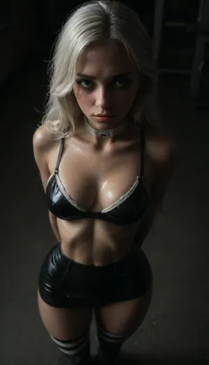 (score_7_up, score_8_up, score_9, 1girl, solo, masterpiece), (seductive and embarrassed face:1.5), ((long white hair:1.5)), ((black leather micro skirt)), very tiny shorts, 18yo girl, (athletic skin body), (narrow waist:1.4), ((hip gap)), (white g-strings), white choker, ((into the gym)), (oiled skin:1.4), ((white striped thigh high socks)), (chiaroscuro lighting:.5), (big athletic booty), (ruined slutty makeup:1.1), erected nipples, ((white tiny wet bra)), (view from above:2), <lora:sunnyrayyxo_v1_SDXLBase:.4>, <lora:dark:.4>