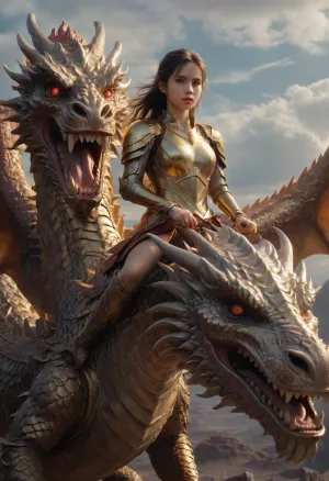 ultrarealistic girl with a gold armor, fantasy backgroud, is riding a gold huge dragon, arien_dragon, <lora:ArienDragonGirlV1-SDXL:.8>