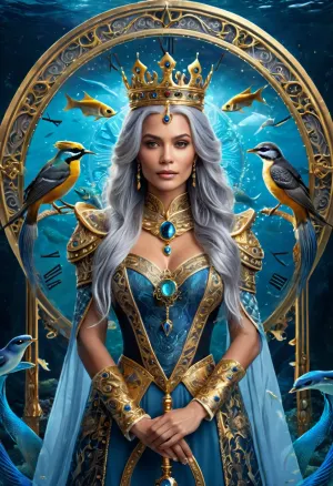 (masterpiece, best quality, ultra-detailed), (photorealistic:1.2), ornate, complex, intricate, highly detailed, symmetrical, (fantasy art:1.1), art nouveau, neo-traditional, digital painting, full shot, portrait, (beautiful mystical queen:1.3), with long flowing, (((blue-grey hair))), (ornate golden crown:1.1), elegant armor, holding a staff, surrounded by mystical creatures, (fish, bird, eel, serpent), water elements, flowing energy, (cosmic clock background:1.2), (golden runes:1.1), glowing eyes, looking at viewer., (deep oceanic blues:1.3), (rich dark golds:1.2), hints of teal and bronze, luminous highlights, volumetric lighting, rim lighting, soft glow, mysterious atmosphere, magical, ethereal, dark background.