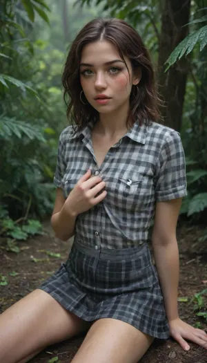 Sch0llg1rl, youthful, small tits, pierced nipples, wet, soaked, rain, storm, high skirt, checkered dress, uniform, <lora:Schoolgirl:.8>, hannahowoxl, <lora:HannahXL:.8>, freckles, face detail, cum, cock, heavy makeup, makeup running, tiny cock, jungle, foliage, ferns, leaning on tree, kneeling