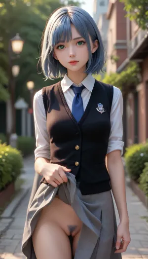 masterpiece, high quality, 8k, 2D, lineart, line drawing, sketch, manga drawing, anime drawing, anime coloring, beautiful lighting, 1girl, solo, green eyes, medium_hair, white shirt, sweater vest, black vest, blue necktie, grey skirt, outdoors, cowboy shot, looking at viewer, anime, blue hair, blue pubic hair, pussy flash, skirtlift, <lora:skirtlift_xl:.1>