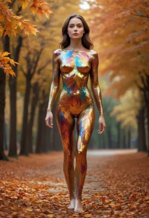 A woman, her skin is made of shiny, colorful leafs, full body view, /©KlTTY-ART/