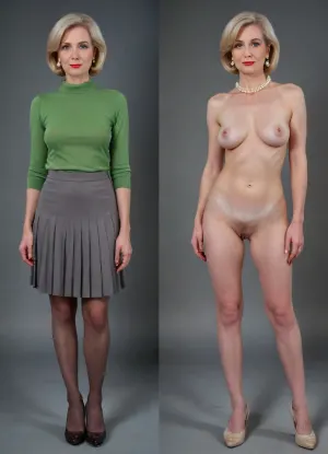 ((Classic Mature Woman 65 years old)), tall and skinny body, very pale skin, hairy genitals, blonde bob hair, 65 years old mature woman, slim body, (full body in view full nude with hairy pussy), skin with stretch marks, (same person, same pose, same angle), (2Split screens, 2split views, onoff:1.2), (wearing a long and dark pleated skirt and tights and a blouse and heels and pearl earrings), BREAK, (gray background), serious expression, green, eyes, blue, brown, perfecteyes, <lora:OnoffXL_ExtraCrispy:.5>, <lora:PerfectEyesXL:.8>