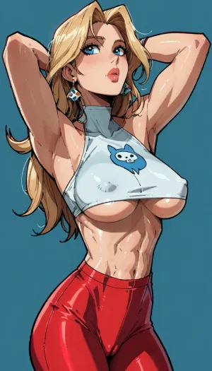 Score_9, score_8_up, score_7_up, reiq meets markgavatino artstyle snub nose, supermodel face, blue eyes, big lips, (long blonde hair, straight hair), (athletic body, narrow waist, wide hips, large breasts), (arching back, head back, bent forward:1.2), thick puffy nipples, toned abs, toned hips, toned arms, cameltoe, pink with red leggings, cowl neck green micro top, underboob, sideboob, blue background, rim light, cute, doodle, ratatatat74, <lora:cutedoodle_XL-000012:.8>, <lora:ratatatat74-000050:.8>, <lora:NEOTOKIOXL_0.2_RC:.8>