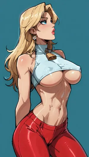 Score_9, score_8_up, score_7_up, reiq meets markgavatino artstyle snub nose, supermodel face, blue eyes, big lips, (long blonde hair, straight hair), (athletic body, narrow waist, wide hips, large breasts), (arching back, head back, bent forward:1.2), thick puffy nipples, toned abs, toned hips, toned arms, cameltoe, pink with red leggings, cowl neck green micro top, underboob, sideboob, blue background, rim light, cute, doodle, ratatatat74, <lora:cutedoodle_XL-000012:.8>, <lora:ratatatat74-000050:.8>, <lora:NEOTOKIOXL_0.2_RC:.8>