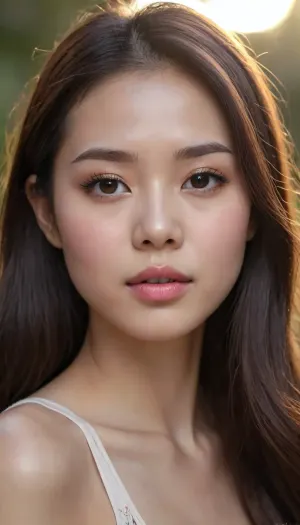 Ultra-detailed close-up portrait of a young chinese woman in her 20s, long flowing hair framing her face, smooth glowing skin, almond-shaped eyes with soft eyeliner and subtle shimmer, full pouty lips with a glossy finish, Asian-style makeup emphasizing natural beauty with defined brows, delicate blush, and radiant highlights. Soft lighting, cinematic focus, sharp facial details, high-resolution, hyperrealistic style