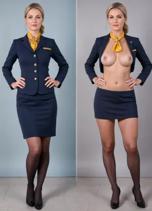 ((Classic very attractive milf, 45 years old german milf stewardess)), tall and curvy body, smal tits, flat chested, belly with stretch marks, pale skin with moles an freckles, hairy genitals, blonde flight attendant hairstyle, slim body, (full body in view full nude with hairy pussy), skin with stretch marks, (same person, same pose, same angle), (2Split screens, 2split views, onoff:1.2), (wearing a dark blue female lufthansa stewardess uniform with a long darkblue skirt and black tights and light blue shirt, and a smal yellow silk scarf, pearl earrings), BREAK, (gray background), 1960s style colors and photography, serious expression, <lora:OnoffXL_ExtraCrispy:.8>