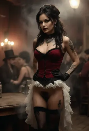 Monochrome, Wild West 1790, a super sexy athletic and flat-chested and very dark skinned Native American woman as Classic French cancan dancer on stage in typical sexy costumes and black long hair, (black pubic hair:1.7), (all over tattoo:1.6), ruffles, garter belts and cancan in a saloon, lifts up her dark red miniskirt, (perfect pussy:1.7), she wears, (sexy cancan outfit:1.3), underneath a red lingerie, (dark red velvet dress with many white petticoats:1.4), (black fishnet stockings:1.4), cowboy boots, perfect face, perfect hands, dangerous aura, dancing on the polished wooden stage of a smoky frontier saloon, (pompom in one hand:1.3), warm golden lamplight, card tables and piano in the background, cowboys and gamblers glancing her way. Sawdust on the floor, haze of cigar smoke in the air, filled with dust and smoke, emphasizing a cinematic, dystopian cowboy atmosphere, art Style & Technique is a dirty old style, Ultra-realistic digital painting with cinematic depth of field. Highly detailed texturing on leather, skin, and hair, dramatic contrast lighting and warm dusty tones, a sharp foreground focus and a slightly blurred background to create depth, masterpiece, best quality, ultra-detailed, cinematic lighting, wild west, smoking weed, cannabis, Ultra-realistic Western art, highly detailed, cinematic moody lighting, tense but charismatic atmosphere., crowd, of, people, Black, and, white, art, black, shading, charcoal, toned, brutal, dark, b/w, color, scheme, h41ry, <lora:crowd_notrigger:.8>, <lora:MJ52:.8>, <lora:Black and white art.V1:1.5>, <lora:h41ry:1.9>