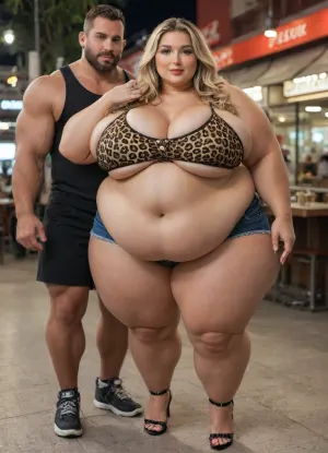 (masterpiece, best quality), (location is a parking space of a fast food restaurant at night), (standing), (1 fat woman + 1 muscular men), ((A very lush and voluptuous very beautiful short Swedish 20-year-old plus size girl with a very pretty chubby face and very long blonde hair wearing black leather shorts and a leopard print cowgirl vest and high heels:1.2)), ((1 tall handsome athletic muscular man with a big beard behind the women who grabs on her thick thighs and breast:1.6)), very realistic blue eyes, (bronze tanned skin:1.4), lips parted, perfect heavy sexy bimbo makeup, red lipstick, ((fertile goddess)), (fat girl:1.4), (obese girl:1.5), (wide hips:1.2), (fat bubble butt:1.2), (chubby thighs:1.2), (chubby belly:1.2), (chubby girl:1.4), (very chubby face:1.6), (very chubby cheeks:1.6), (chubby neck:1.2), (chubby arms), seductive eyes, sexy head-tilt, (small soft natural teardrop breasts:1.2), captured with a Leica M10, Leica Summilux 50mm f/1.4 lens, sharp focus, best shadow, score_9, score_8_up, 8K, UHD, clear image, extremely sharp, extremely detailed, extremely intricate detail, high res, ultra-high-definition, highly detailed, ultra-sharp textures, finely detailed, perfect skin texture, hyperrealistic lighting, professional photography, full dynamic range, deep contrast, high clarity, realistic depth of field, HDR, perfect exposure, smooth gradients, volumetric lighting, natural reflections, ultra-fine details, realistic skin pores, individual hair strands, bokeh, soft shadows, color-graded, NEGATIVE_HANDS, igbebe, <lora:attractive_notrigger:1.8>, <lora:681678_training_data:1.2>, <lora:IG_Babe:1.9>