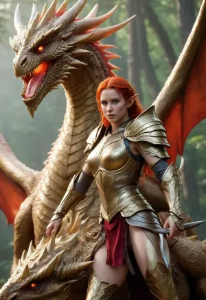 ultrarealistic elf female warrior with a gold armor, red hair, fantasy backgroud, is riding a huge gold dragon, arien_dragon, dragon, classic, exotic, magma, bone, undead, thunder, forest, golden, <lora:Classic Western Dragons XL:.8>
