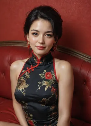(opium den, Hong Kong), (1800s), (beautiful chinese milf woman), vintage Chinese decor, traditional black Qipao dress, short black hair, lounging on recliner, oriental sofa, ((paisley red wallpaper)), ((dark red sofa)), big meaningful eyes, long fake eyelashes, very big lips glossy red, color eyeliners, ultra heavy makeup, small perky breasts, slutty smile, drinking glass of wine, perfect hands, red nails, <lora:detailed_notrigger:1.2>, <lora:681678_training_data:1.3>